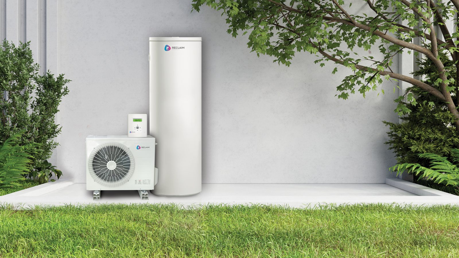 Reclaim CO2 Wi-Fi heat pump system with stainless steel tank in a garden courtyard