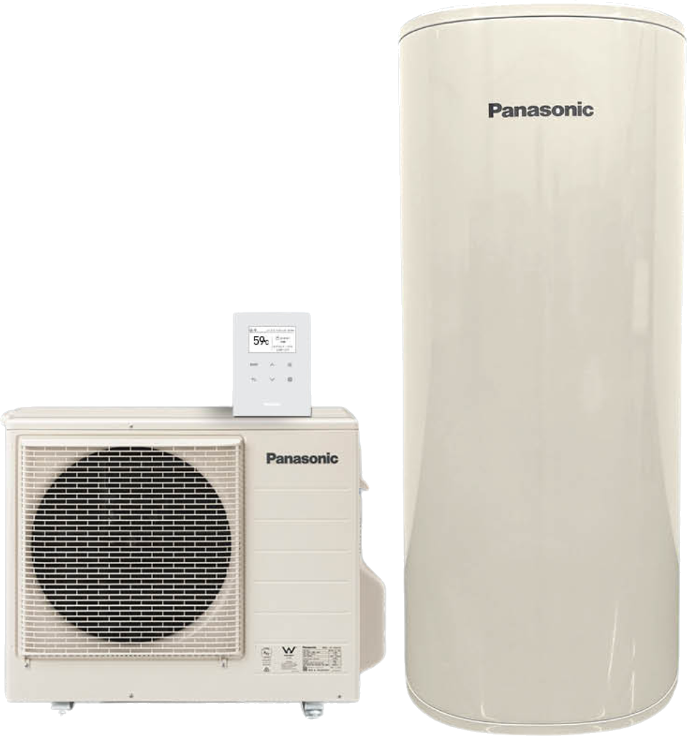 Panasonic CO₂ hot water heat pump system — outdoor unit, controller and storage tank